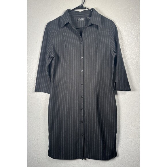 New York Company Women Small Black Striped Button Up Side Slit Dress - Picture 1 of 13